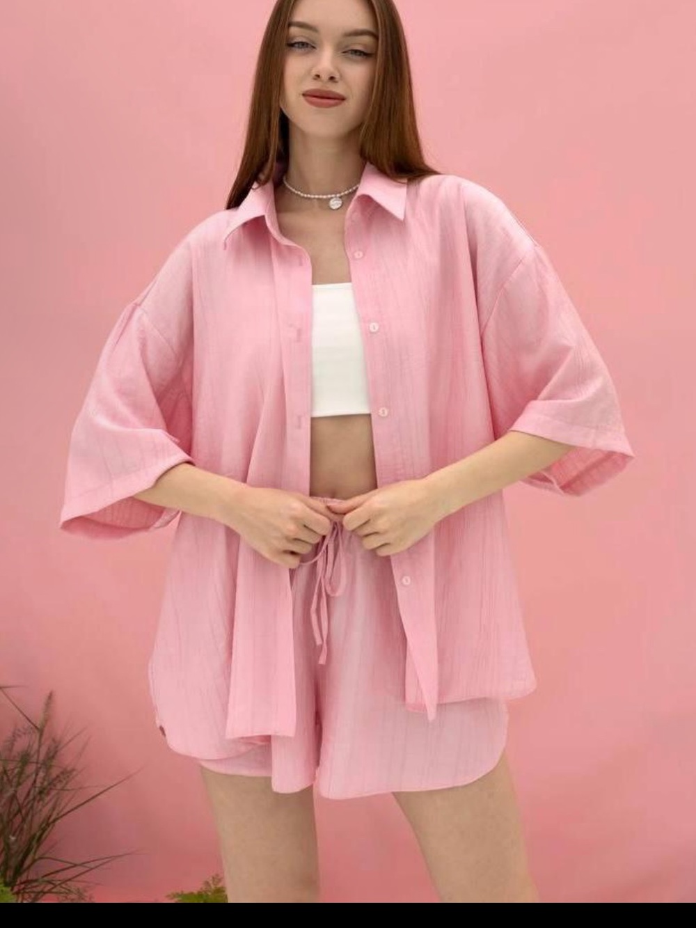 Linen button down top and drawstring shorts linen summer set pink